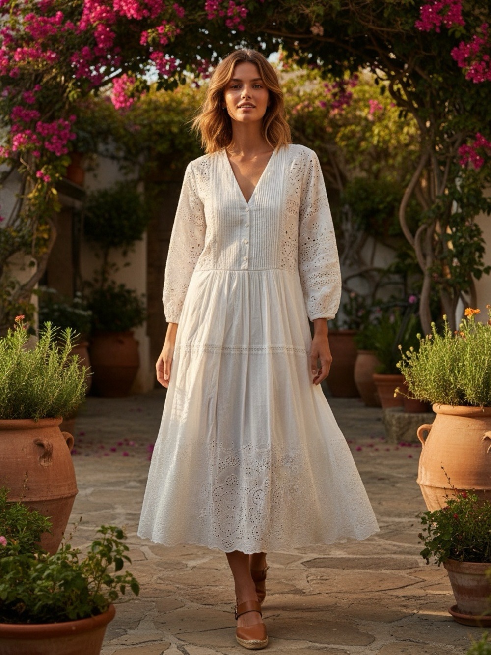 NWT ZARA EMBROIDERED WHITE V-NECK COTTON DRESS SIZE MEDIUM